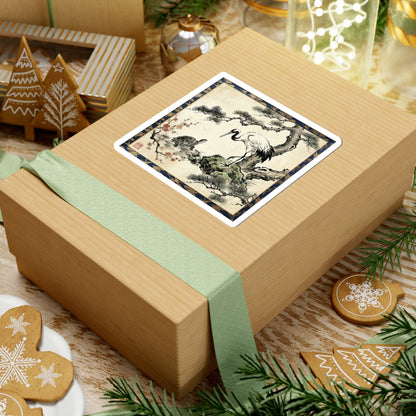 Japanese Crane and Turtle Longevity Sticker -  Pine & Plum Sumi-e Tsuru Kame Lucky Asian Decor | MU-NI Japan