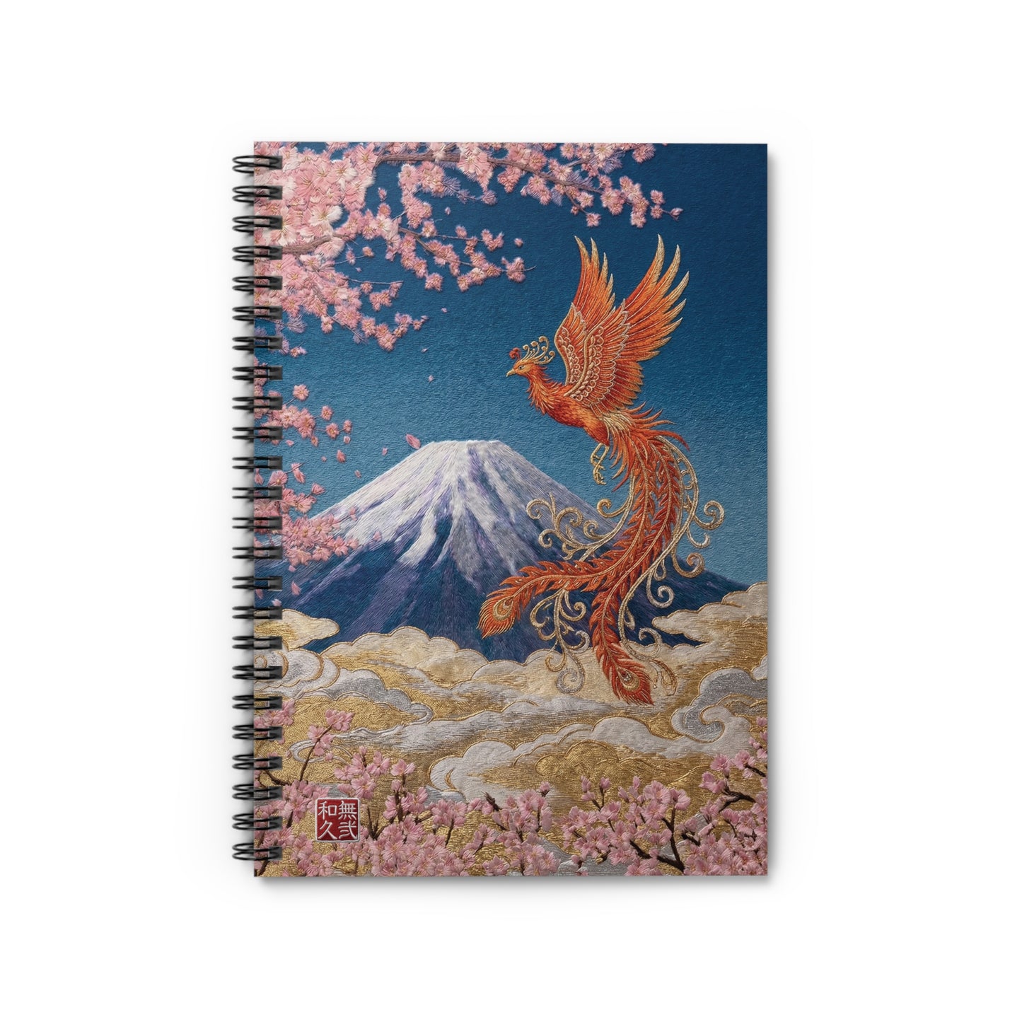 Japanese Phoenix Houou Mt Fuji Sakura Spiral Notebook - Japandi Zen Aesthetic, Embroidery Texture Style, Mindfulness Gift HF3I | MU-NIJapan