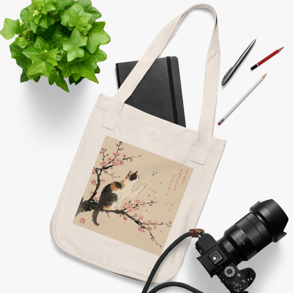Japanese Calico Cat & Cherry Blossom "Sakura" Premium Organic Canvas Tote Bag | CC3B MU-NI Japan