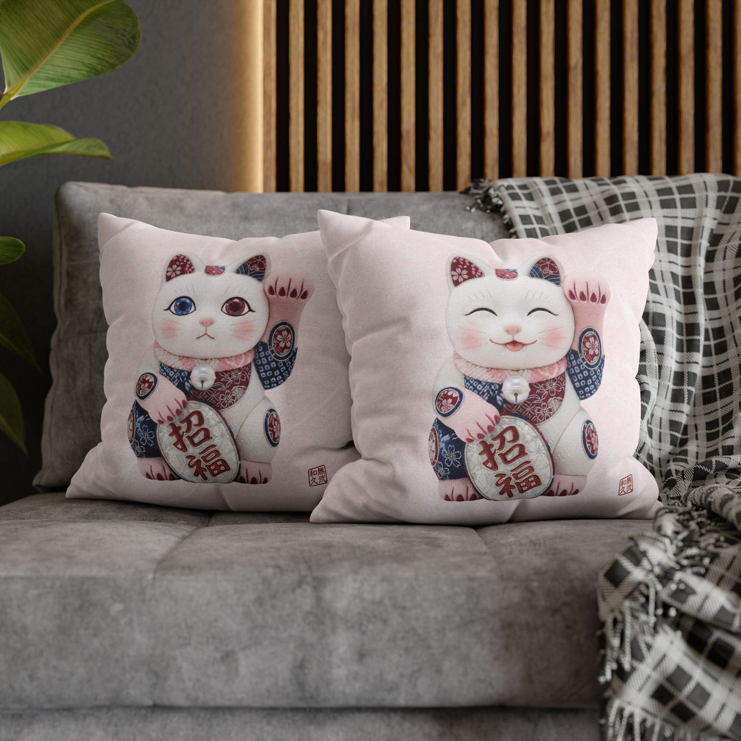 Shin-Maneki neko Modern Kimekomi Decor Style Spun Polyester Square Pillowcase |  Beckon Health and happiness Kawaii Cat MS2W | MU-NI Japan