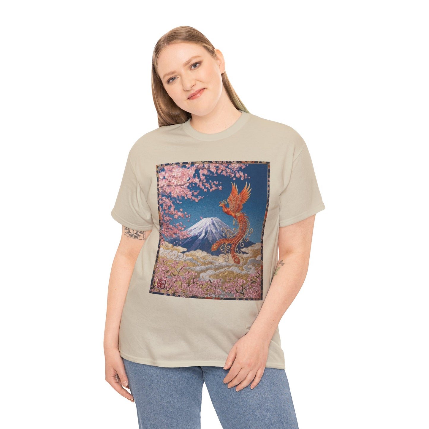 Japanese Phoenix Houou Mt Fuji Sakura T-Shirt - Japandi Zen Aesthetic Tee, Embroidery Texture Style, Mindfulness Gift HF3T | MU-NI Japan