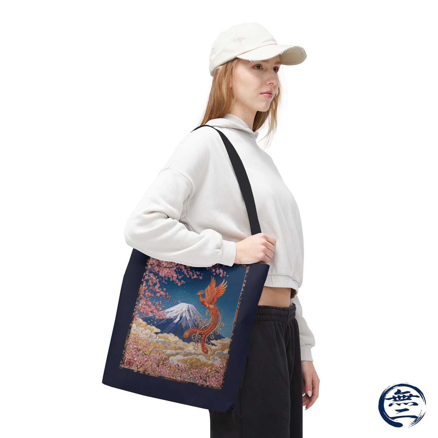 Japanese Phoenix Houou Mt Fuji Sakura Aop Tote Bag - Japandi Zen Aesthetic, Embroidery Texture Style, Mindfulness Gift HF3D | MU-NI Japan