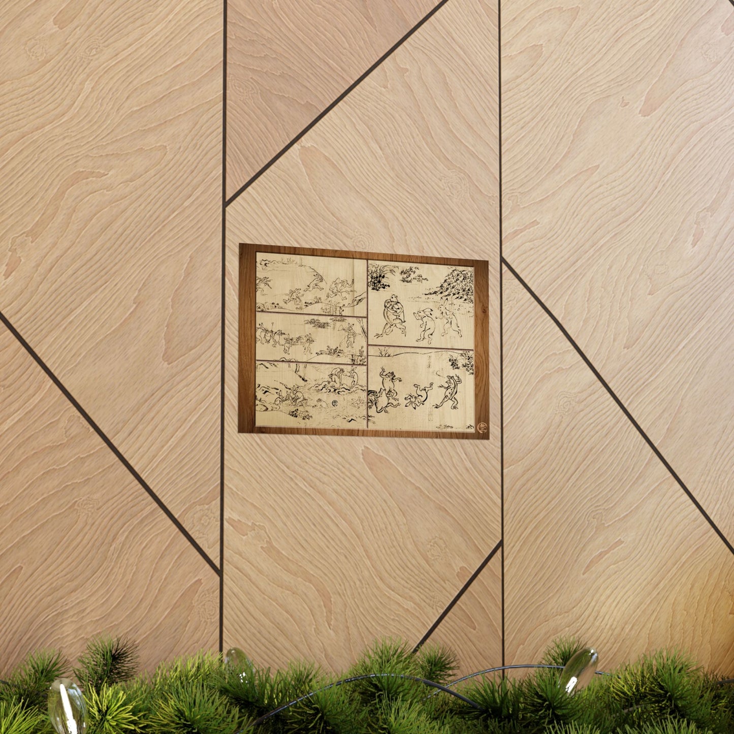 Choju Giga Frogs and Rabbits Woodburn Style Japanese Art Print- -3D Printed Frame Effect Wall Decor Poster | MU-NI Japan