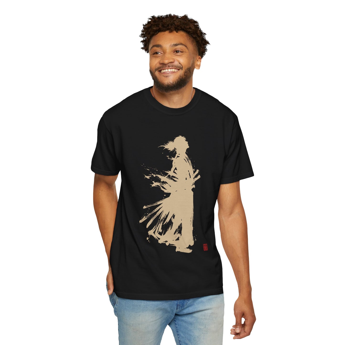 Minimalist Samurai Silhouette Zen T-Shirt - Japanese Calligraphy Kanji Shodo Art - One and Only Garment-Dyed Tee SR2U | MU-NI Japan