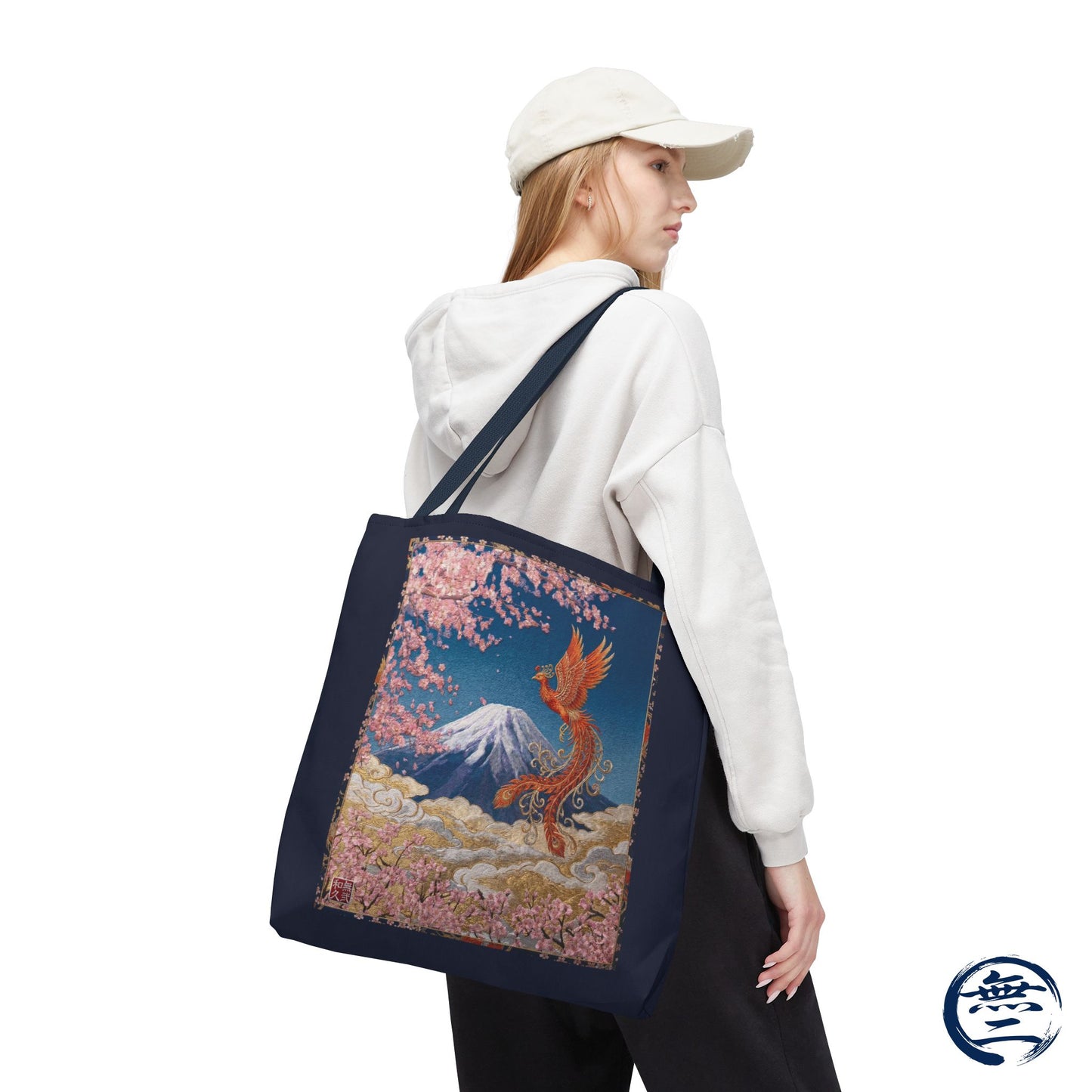 Japanese Phoenix Houou Mt Fuji Sakura Aop Tote Bag - Japandi Zen Aesthetic, Embroidery Texture Style, Mindfulness Gift HF3D | MU-NI Japan