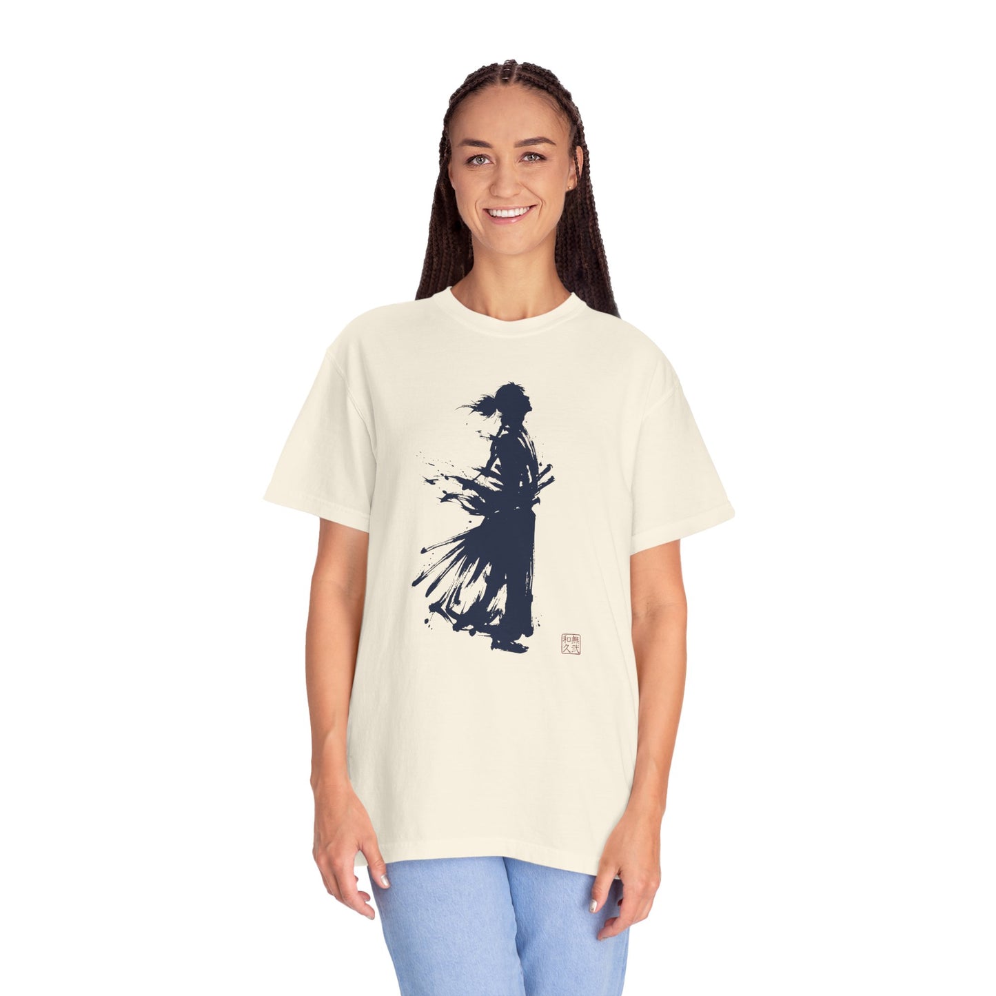 Minimalist Samurai Silhouette Zen T-Shirt - One and Only Garment-Dyed Tee SR4T | MU-NI Japan