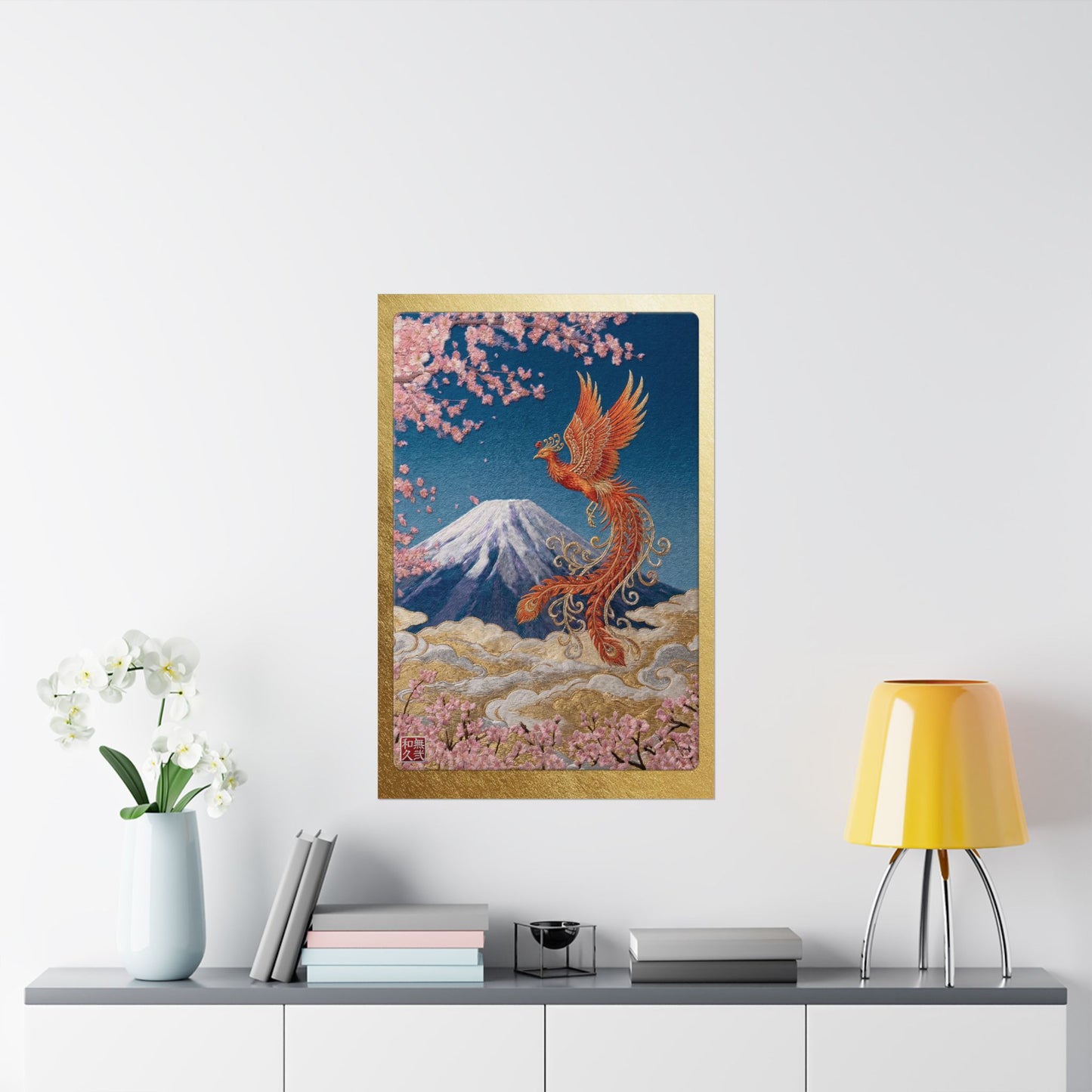 Japanese Phoenix Houou Mount Fuji Wall Art - Modern Embroidery Style Textured Poster | Zen Home Decor & Auspicious Gift HF3I | MU-NI Japan