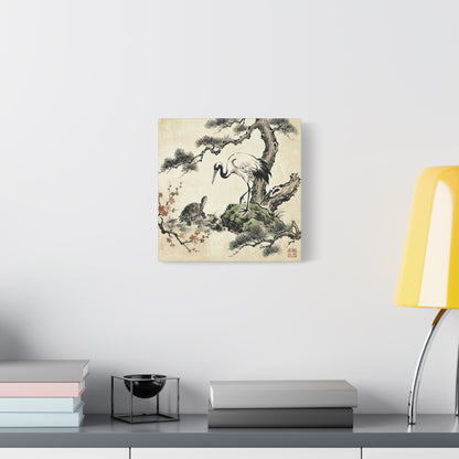 Japanese Crane and Turtle Longevity Zen Ink Art Canvas - Tsuru and Kame  | CT2V MU-NI Japan