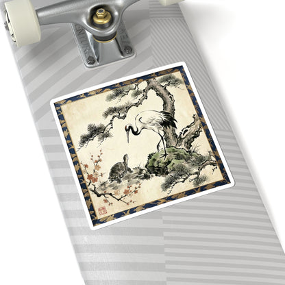 Japanese Crane and Turtle Longevity Sticker -  Pine & Plum Sumi-e Tsuru Kame Lucky Asian Decor | MU-NI Japan