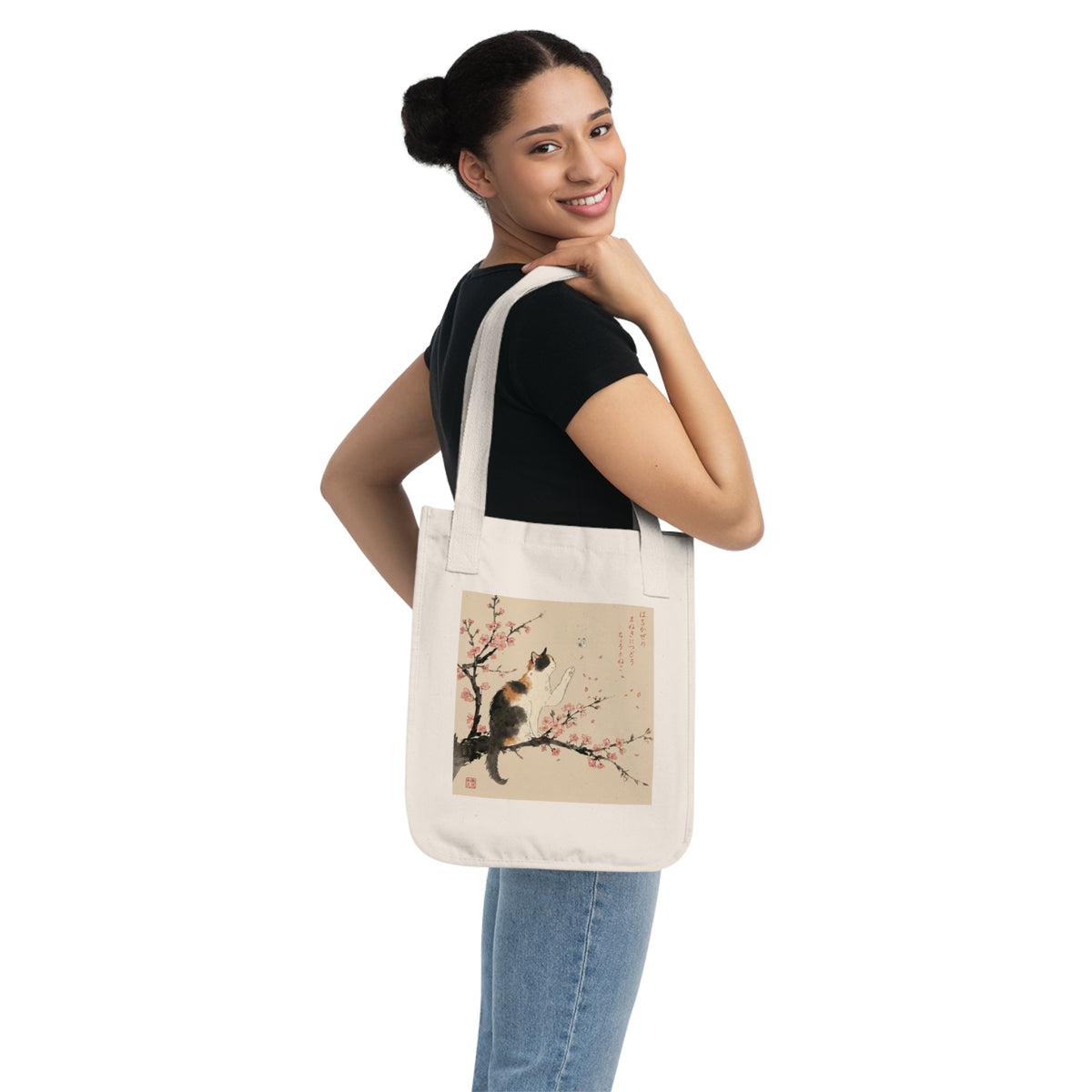 Japanese Calico Cat & Cherry Blossom "Sakura" Premium Organic Canvas Tote Bag | CC3B MU-NI Japan