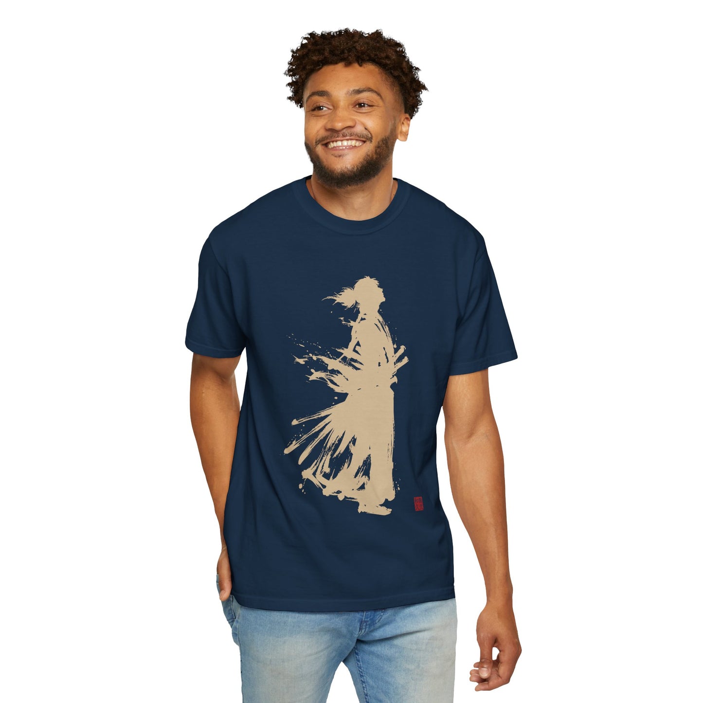 Minimalist Samurai Silhouette Zen T-Shirt - Japanese Calligraphy Kanji Shodo Art - One and Only Garment-Dyed Tee SR2U | MU-NI Japan