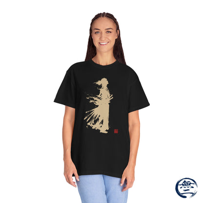 Minimalist Samurai Silhouette Zen T-Shirt - Japanese Calligraphy Kanji Shodo Art - One and Only Garment-Dyed Tee SR3U | MU-NI Japan