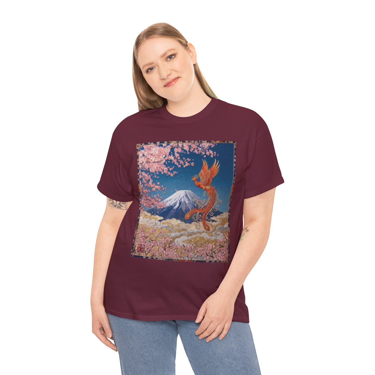 Japanese Phoenix Houou Mt Fuji Sakura T-Shirt - Japandi Zen Aesthetic Tee, Embroidery Texture Style, Mindfulness Gift HF3T | MU-NI Japan