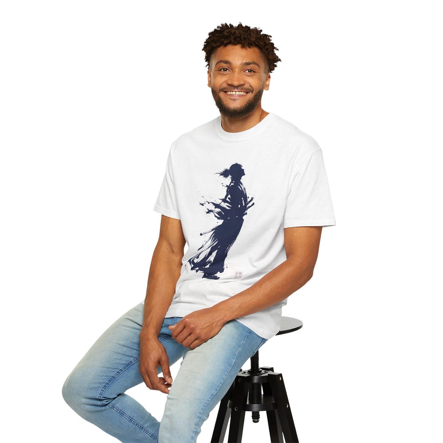 Minimalist Samurai Silhouette Zen T-Shirt - Japanese Calligraphy Kanji Shodo Art - One and Only Garment-Dyed Tee SR2T | MU-NI Japan