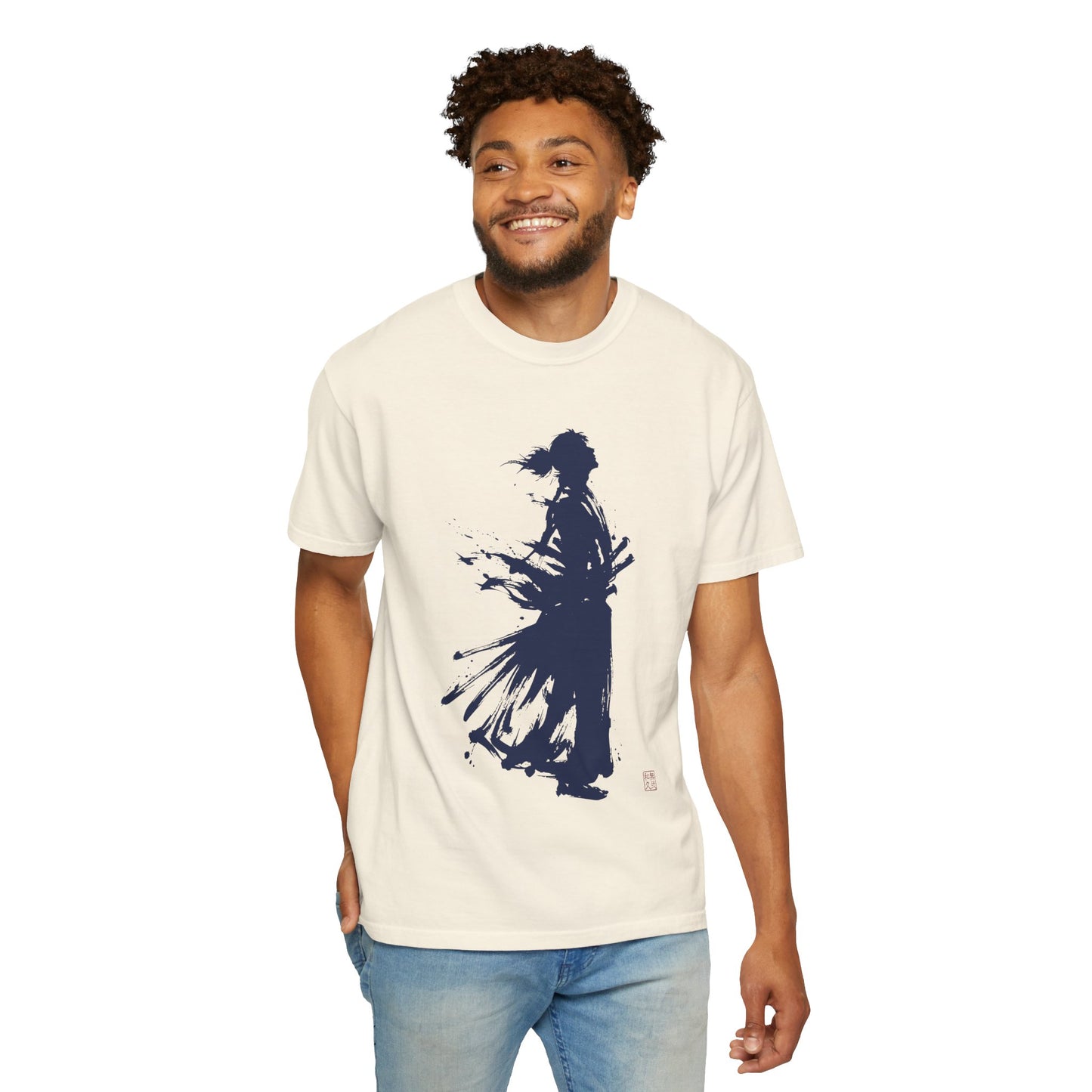 Minimalist Samurai Silhouette Zen T-Shirt - Japanese Calligraphy Kanji Shodo Art - One and Only Garment-Dyed Tee SR2T | MU-NI Japan