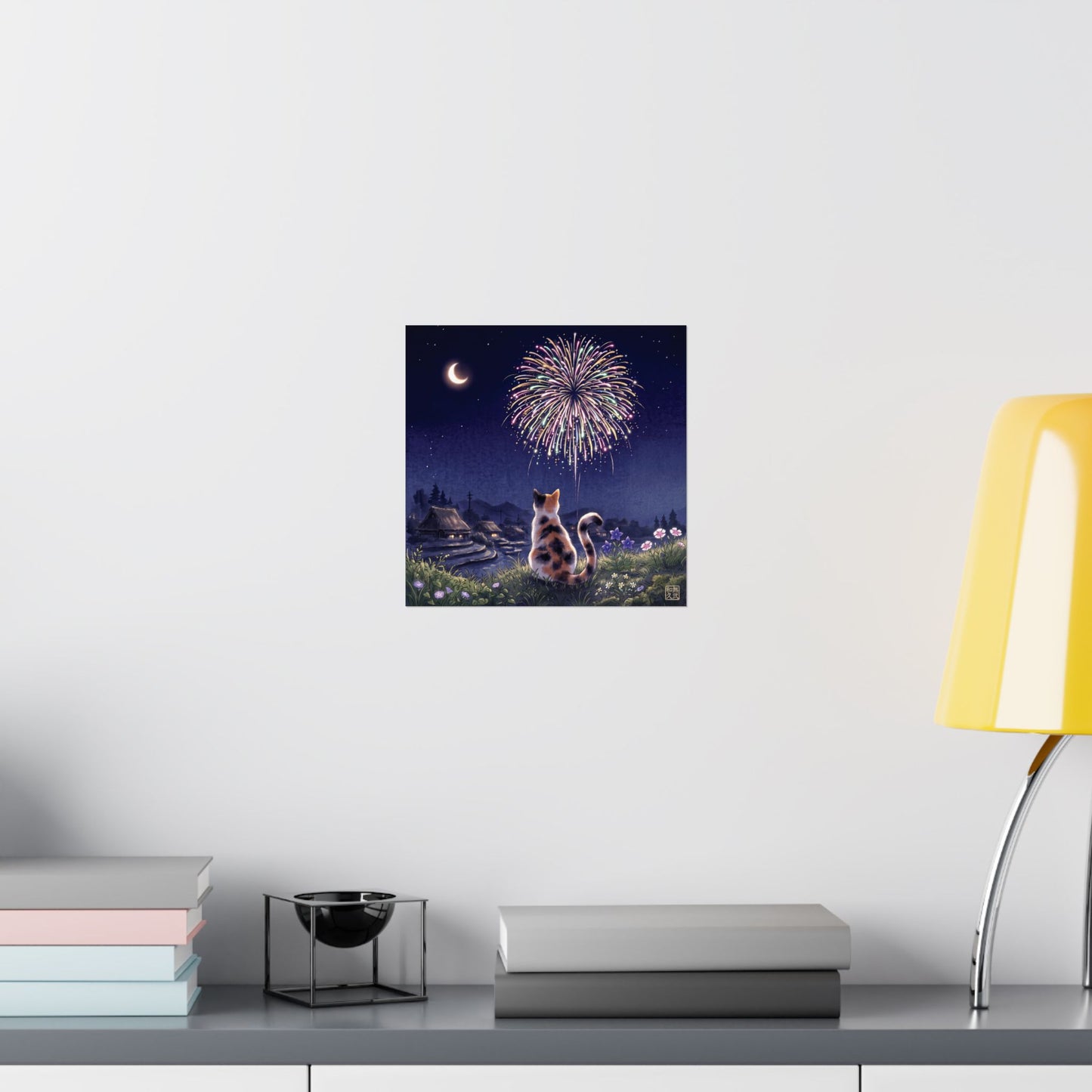 Calico Cat and Fireworks Art Print - Japanese Nostalgic Summer Night Poster | MU-NI Japan