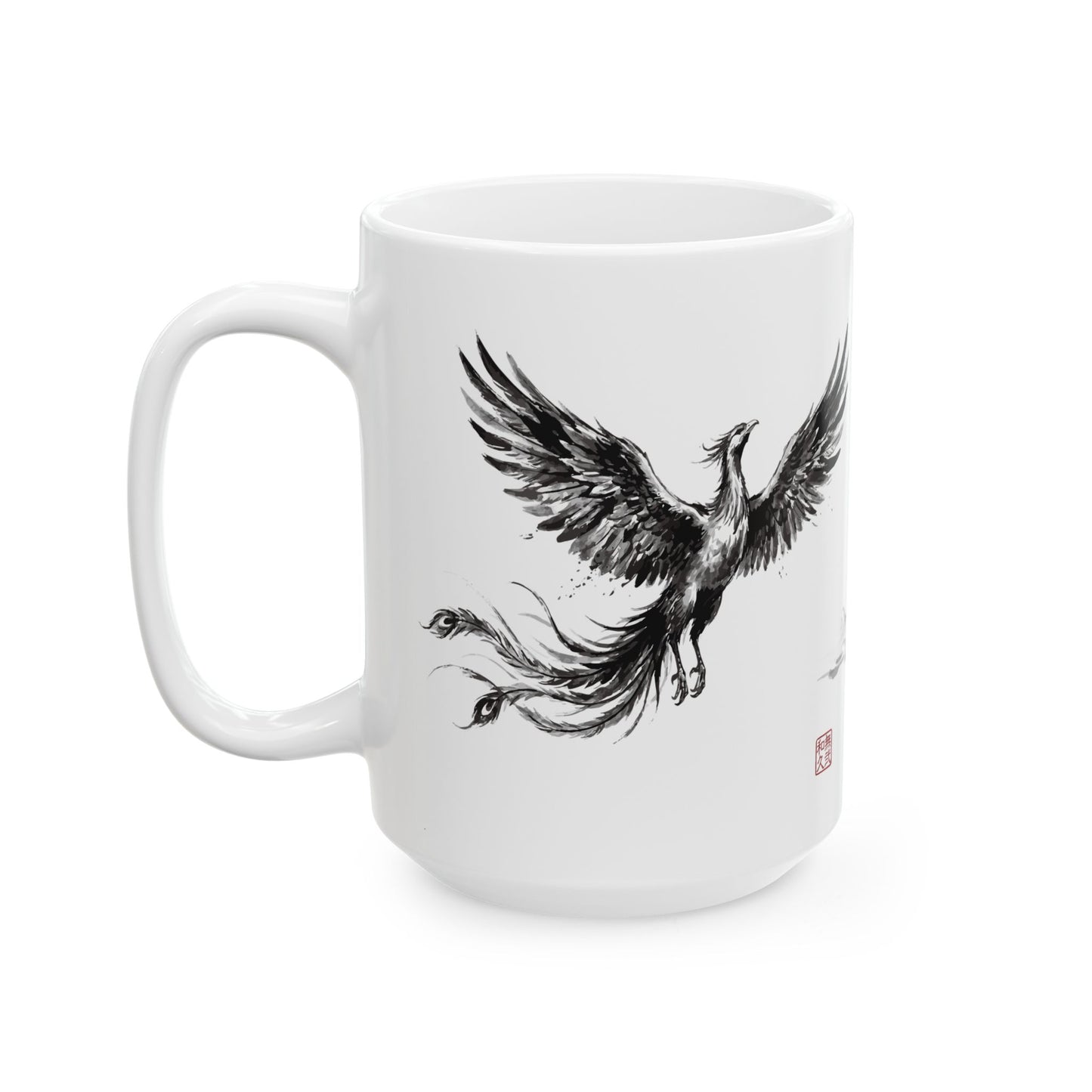 Rising Phoenix Houou over Mount Fuji Ceramic Mug - Japanese Sumi-e Zen Art Coffee Cup, Aesthetic Japandi Home Decor Gift HF1L | MU-NI Japan