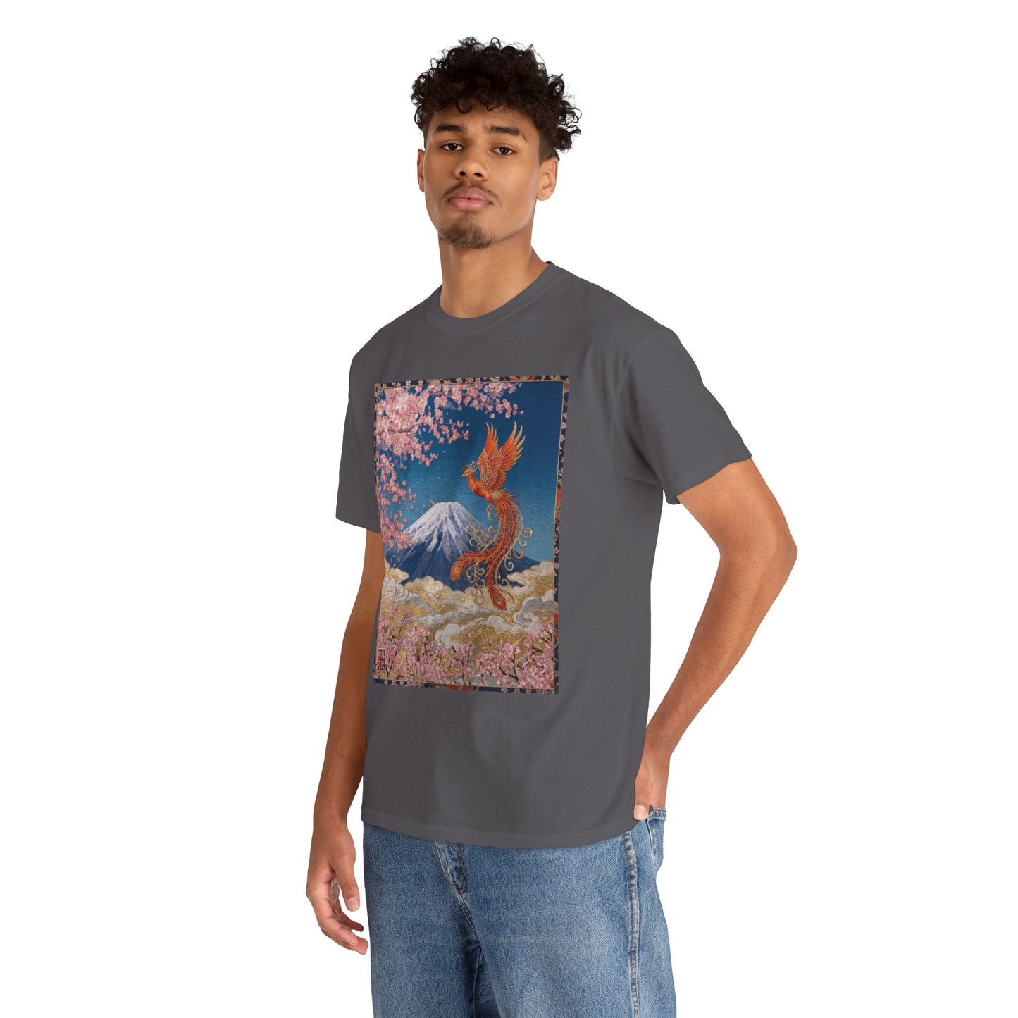 Japanese Phoenix Houou Mt Fuji Sakura T-Shirt - Japandi Zen Aesthetic Tee, Embroidery Texture Style, Mindfulness Gift HF3T | MU-NI Japan