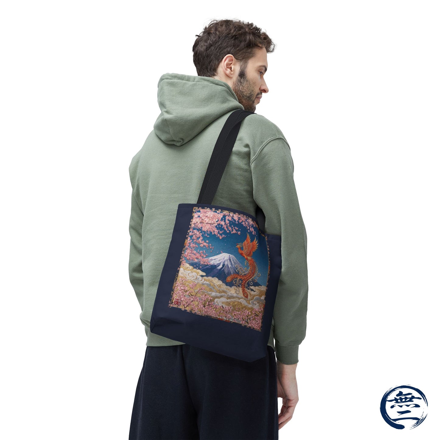 Japanese Phoenix Houou Mt Fuji Sakura Aop Tote Bag - Japandi Zen Aesthetic, Embroidery Texture Style, Mindfulness Gift HF3D | MU-NI Japan