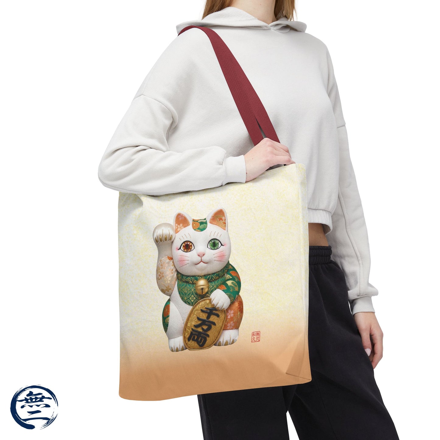 Shin-Maneki neko Modern Kimekomi Decor Style Tote Bag | Kawaii Odd-Eye & Smile Dual Design- Beckon Wealth and Prosperity MK2D | MU-NI Japan