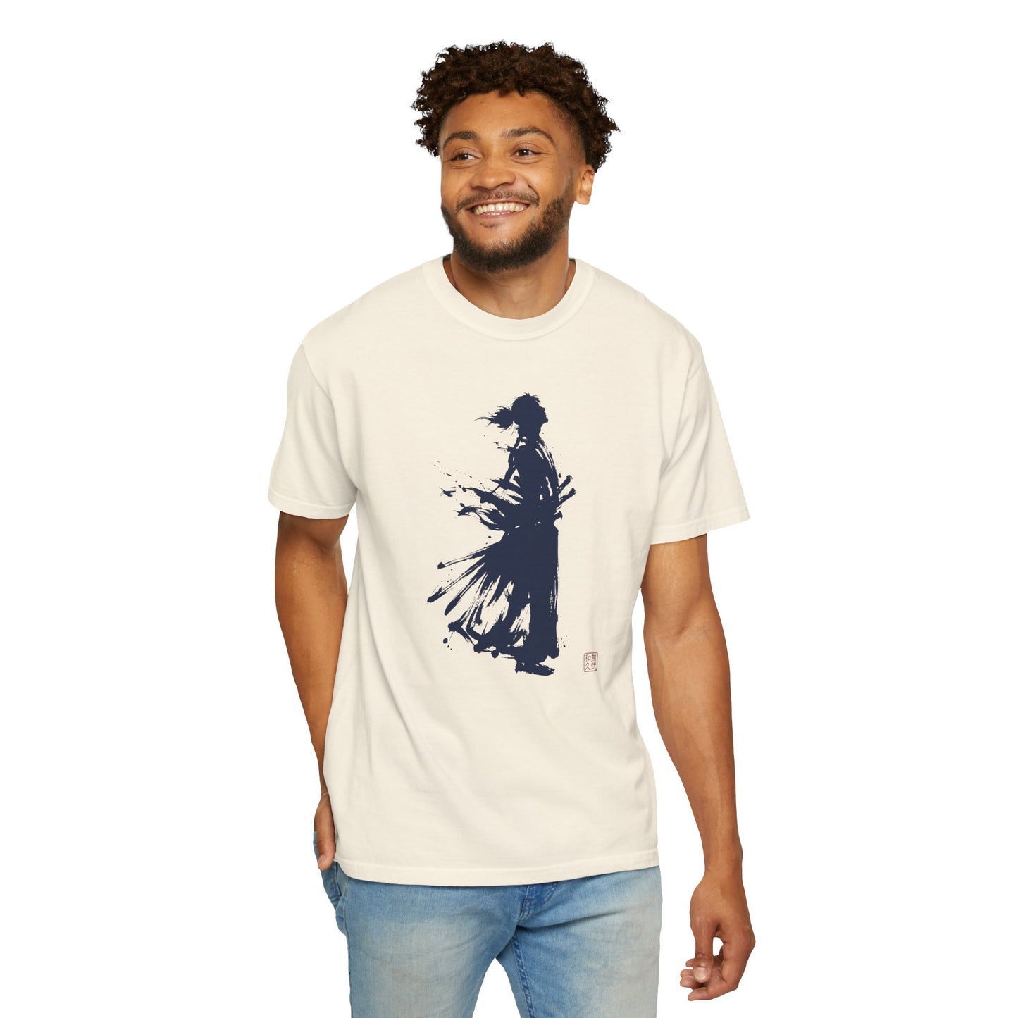 Minimalist Samurai Silhouette Zen T-Shirt - One and Only Garment-Dyed Tee SR4T | MU-NI Japan