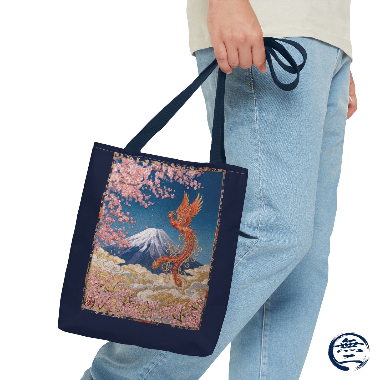 Japanese Phoenix Houou Mt Fuji Sakura Aop Tote Bag - Japandi Zen Aesthetic, Embroidery Texture Style, Mindfulness Gift HF3D | MU-NI Japan