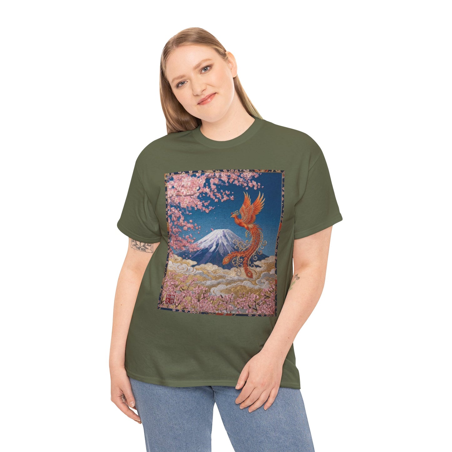 Japanese Phoenix Houou Mt Fuji Sakura T-Shirt - Japandi Zen Aesthetic Tee, Embroidery Texture Style, Mindfulness Gift HF3T | MU-NI Japan