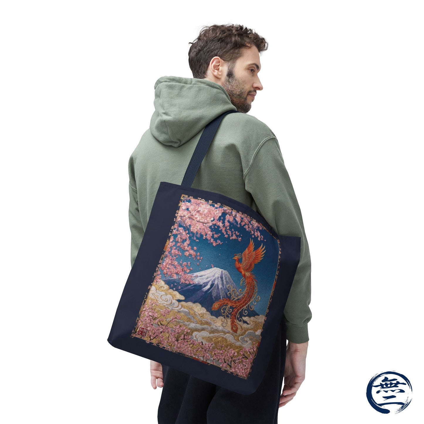 Japanese Phoenix Houou Mt Fuji Sakura Aop Tote Bag - Japandi Zen Aesthetic, Embroidery Texture Style, Mindfulness Gift HF3D | MU-NI Japan