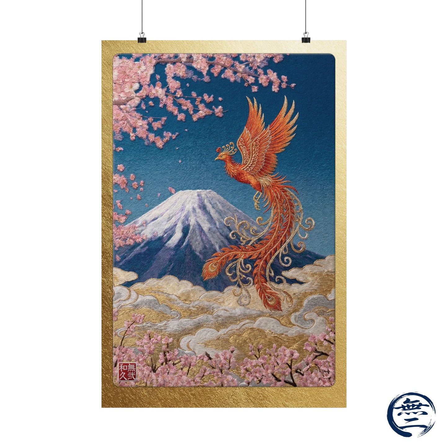 Japanese Phoenix Houou Mount Fuji Wall Art - Modern Embroidery Style Textured Poster | Zen Home Decor & Auspicious Gift HF3I | MU-NI Japan