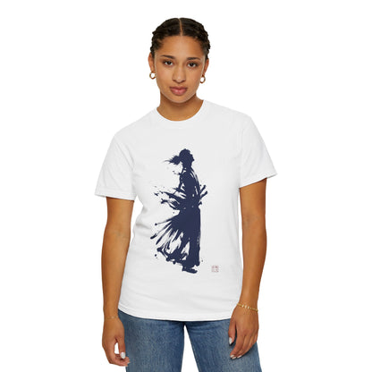Minimalist Samurai Silhouette Zen T-Shirt - Japanese Calligraphy Kanji Shodo Art - One and Only Garment-Dyed Tee SR2T | MU-NI Japan
