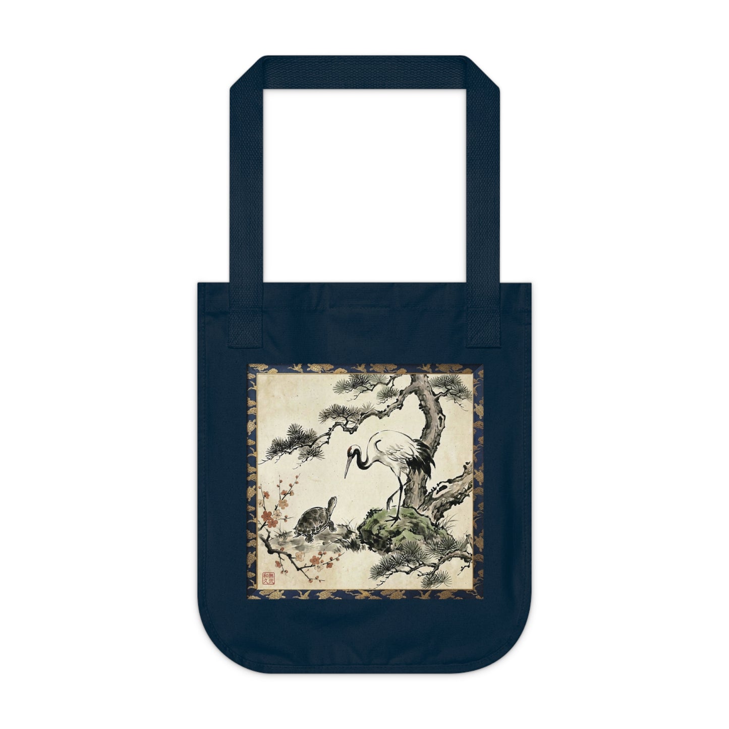 Japanese Crane and Turtle Premium Organic Cotton Tote Bag - Zen Sumi-e Art Canvas Bag, Symbol of Longevity & Peace Gift CT2B | MU-NI Japan