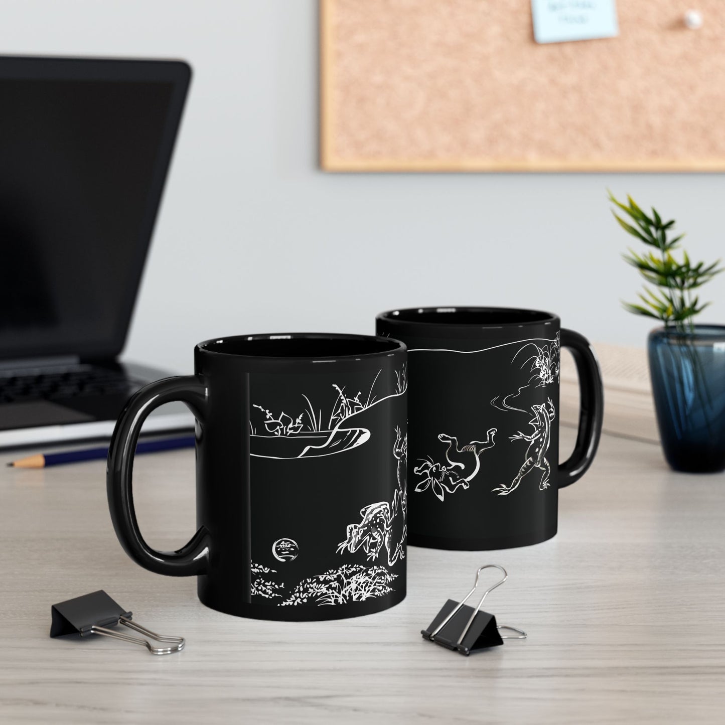 Choju-Giga Inverted Black Ceramic Mug Black Mug (11oz, 15oz), Japanese Antique Art Frog and Rabbit| RHC MU-NI Japan