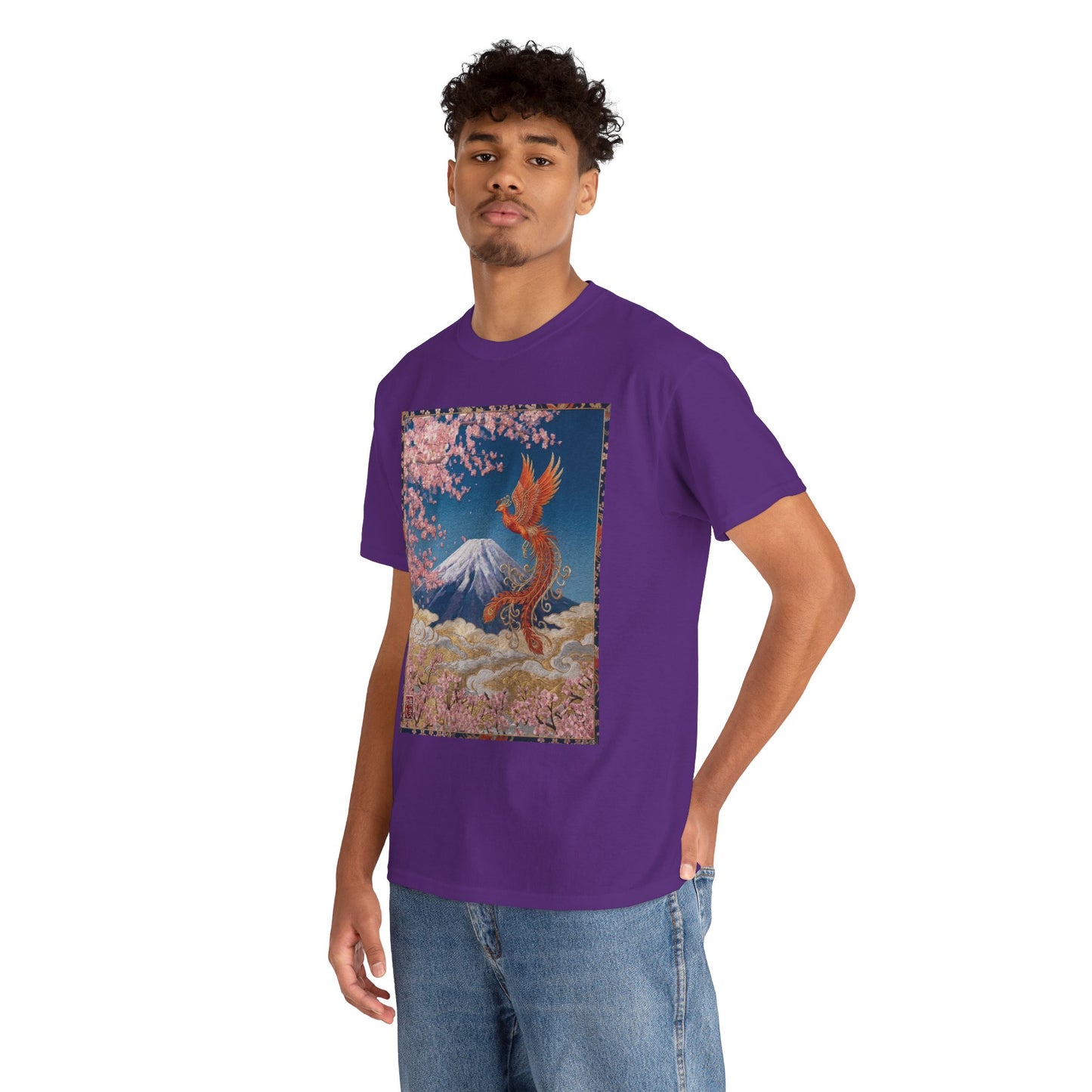Japanese Phoenix Houou Mt Fuji Sakura T-Shirt - Japandi Zen Aesthetic Tee, Embroidery Texture Style, Mindfulness Gift HF3T | MU-NI Japan