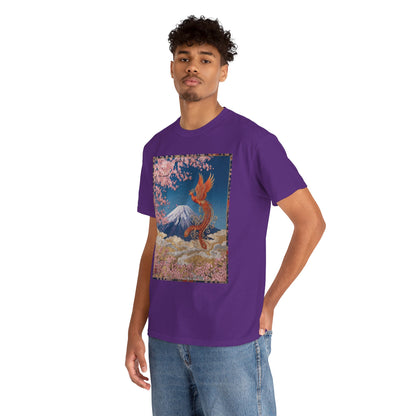 Japanese Phoenix Houou Mt Fuji Sakura T-Shirt - Japandi Zen Aesthetic Tee, Embroidery Texture Style, Mindfulness Gift HF3T | MU-NI Japan
