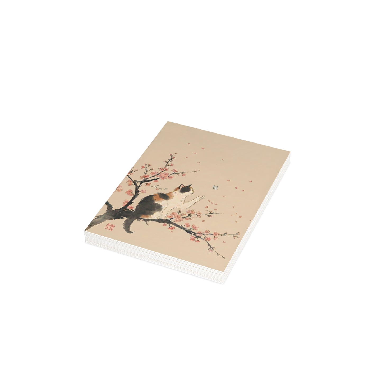 Japanese Calico Cat & Cherry Blossom Sakura Greeting Cards(10, 30, 50pcs) | Ink Wash Sumi-e style, Zen Minimalist Japandi CC2P | MU-NI Japan