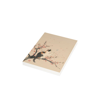 Japanese Calico Cat & Cherry Blossom Sakura Greeting Cards(10, 30, 50pcs) | Ink Wash Sumi-e style, Zen Minimalist Japandi CC2P | MU-NI Japan