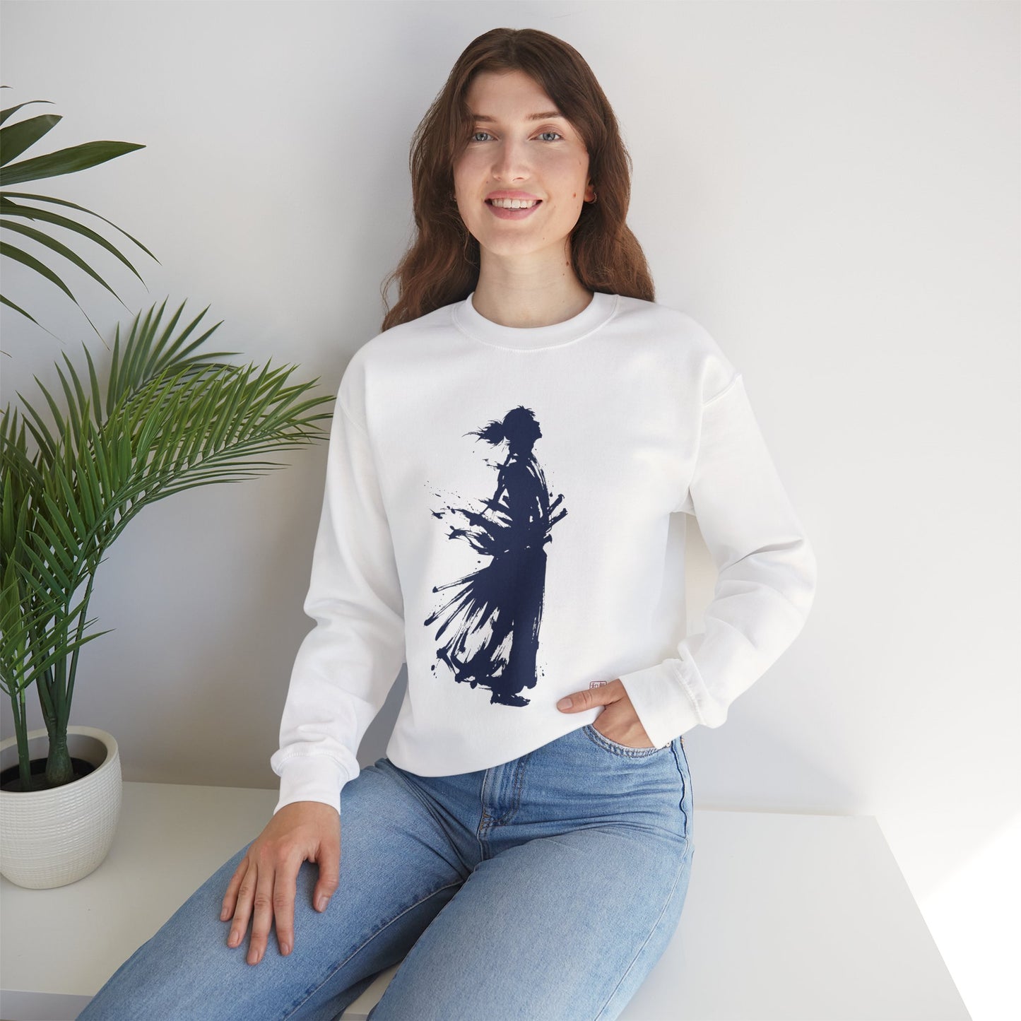 Minimalist Samurai Silhouette Unisex Crewneck Sweatshirt | "The One and Only" Shodo (Japanese Kanji Calligraphy),  SR2S | MU-NI Japan