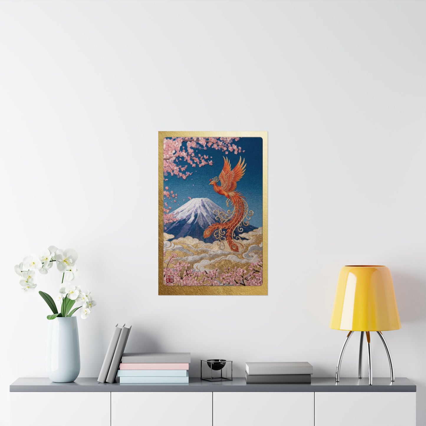 Japanese Phoenix Houou Mount Fuji Wall Art - Modern Embroidery Style Textured Poster | Zen Home Decor & Auspicious Gift HF3I | MU-NI Japan