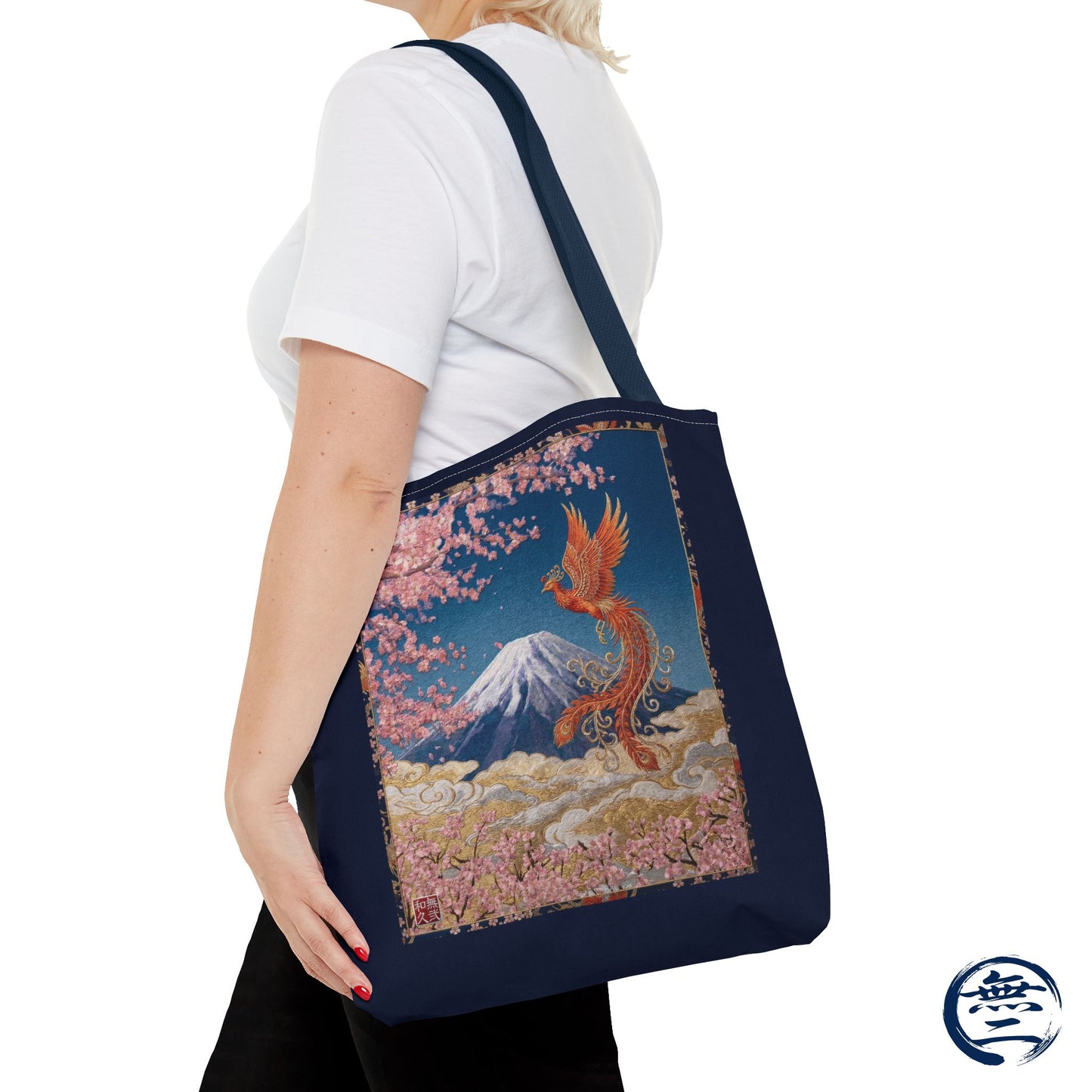 Japanese Phoenix Houou Mt Fuji Sakura Aop Tote Bag - Japandi Zen Aesthetic, Embroidery Texture Style, Mindfulness Gift HF3D | MU-NI Japan