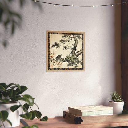Japanese Crane and Turtle Pine and Plum Tree Matte Square Poster - Symbol of Longevity & Peace  | CT2K MU-NI Japan