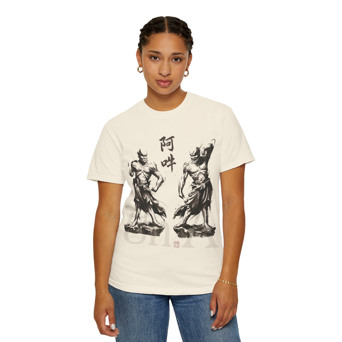 Nioh Guardians A-un Graphic Tee - Ink Wash Painting Japanese Zen Buddhist Art, Protective Spirit Minimalist Design T-shirt NI2T | MU-NI Japan
