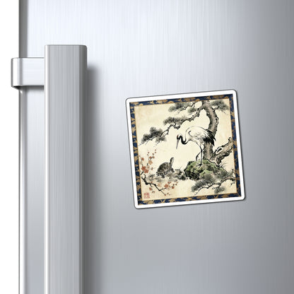 Japanese Crane and Turtle Longevity Magnet, Pine & Plum Sumi-e Tsuru Kame Lucky Asian Decor | MU-NI Japan