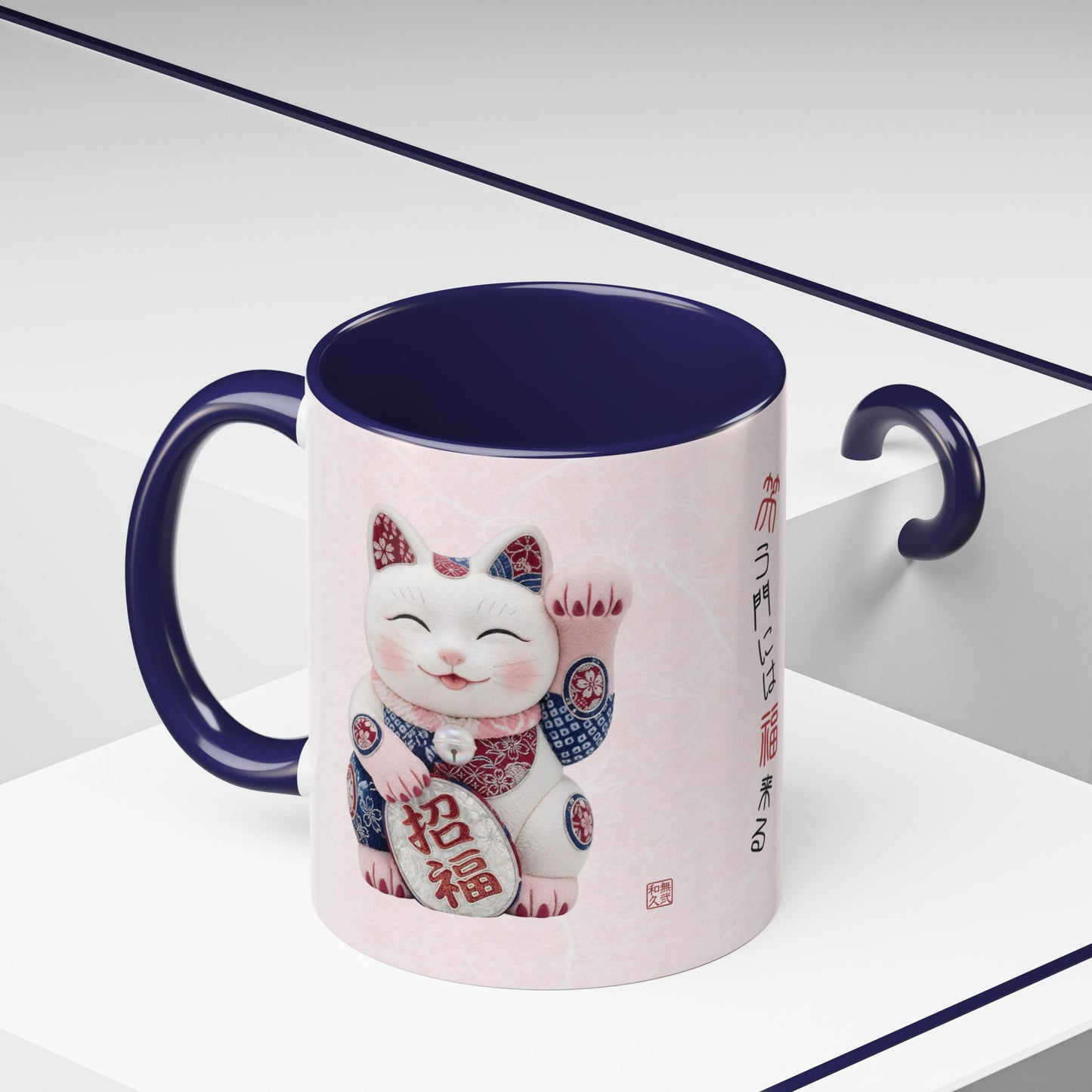 Shin-Maneki neko Modern Kimekomi Decor Style Mug (11oz) | Odd-Eye & Smile Dual Design- Beckon Health and Happiness MS2M | MU-NI Japan