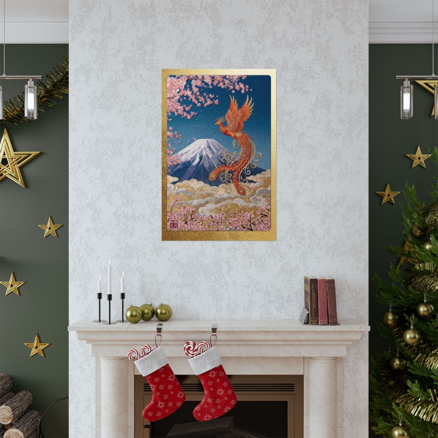 Japanese Phoenix Houou Mount Fuji Wall Art - Modern Embroidery Style Textured Poster | Zen Home Decor & Auspicious Gift HF3I | MU-NI Japan