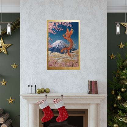 Japanese Phoenix Houou Mount Fuji Wall Art - Modern Embroidery Style Textured Poster | Zen Home Decor & Auspicious Gift HF3I | MU-NI Japan
