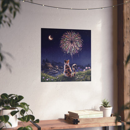Calico Cat and Fireworks Art Print - Japanese Nostalgic Summer Night Poster | MU-NI Japan