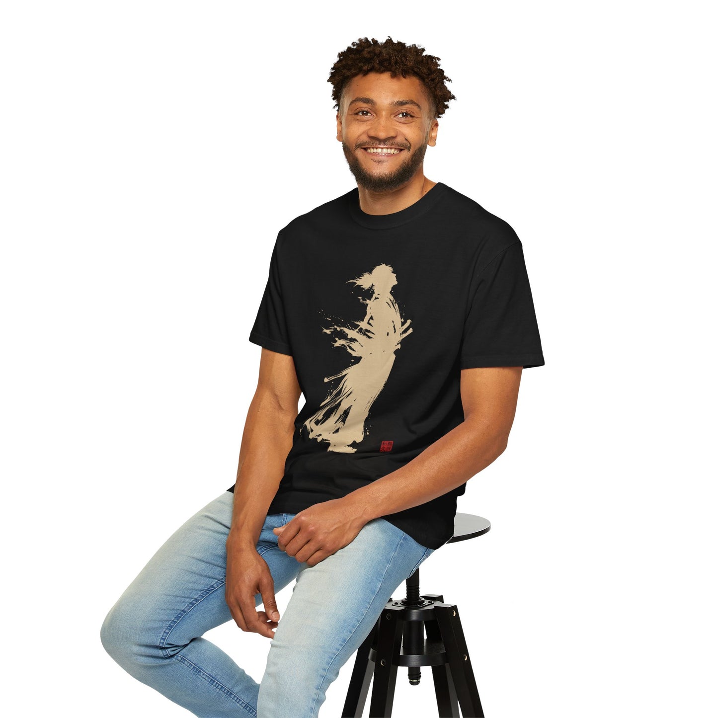 Minimalist Samurai Silhouette Zen T-Shirt - Japanese Calligraphy Kanji Shodo Art - One and Only Garment-Dyed Tee SR2U | MU-NI Japan