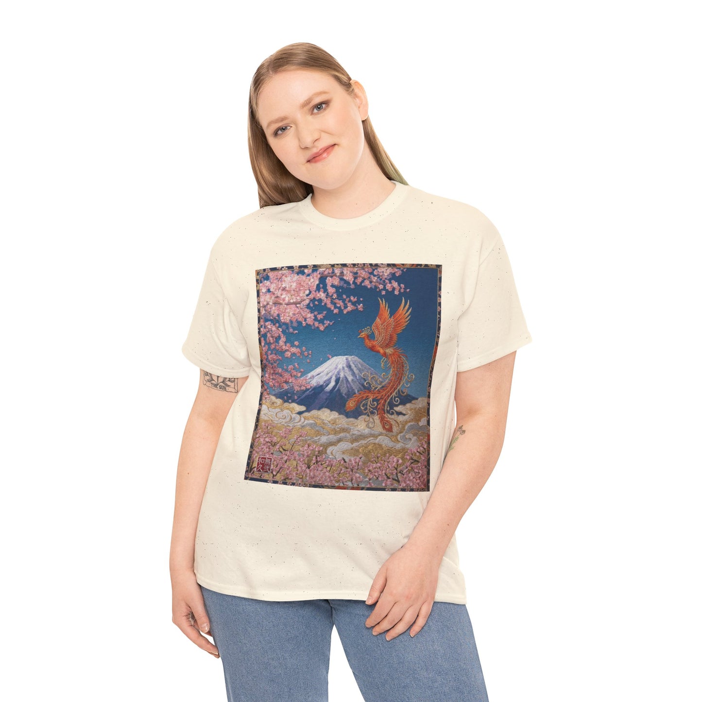 Japanese Phoenix Houou Mt Fuji Sakura T-Shirt - Japandi Zen Aesthetic Tee, Embroidery Texture Style, Mindfulness Gift HF3T | MU-NI Japan