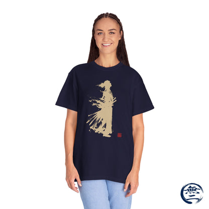 Minimalist Samurai Silhouette Zen T-Shirt - Japanese Calligraphy Kanji Shodo Art - One and Only Garment-Dyed Tee SR3U | MU-NI Japan
