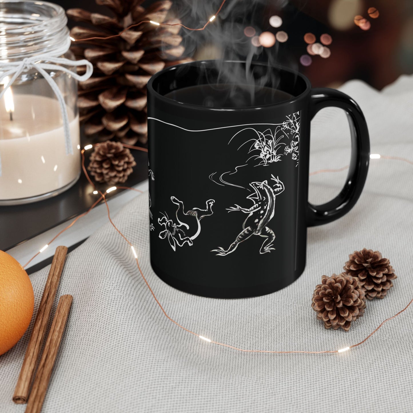 Choju-Giga Inverted Black Ceramic Mug Black Mug (11oz, 15oz), Japanese Antique Art Frog and Rabbit| RHC MU-NI Japan